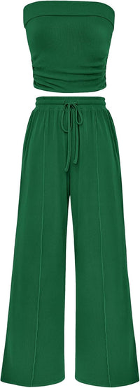 Casual Ribbed Knit Crop Tube Top Wide Leg Pants Two Piece Sets