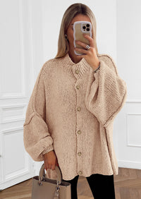 PRETTYGARDEN Women's Winter Button Down Cardigan Sweaters Mock Neck Lantern Long Sleeve Chunky Knit Jacket Trendy Outerwear