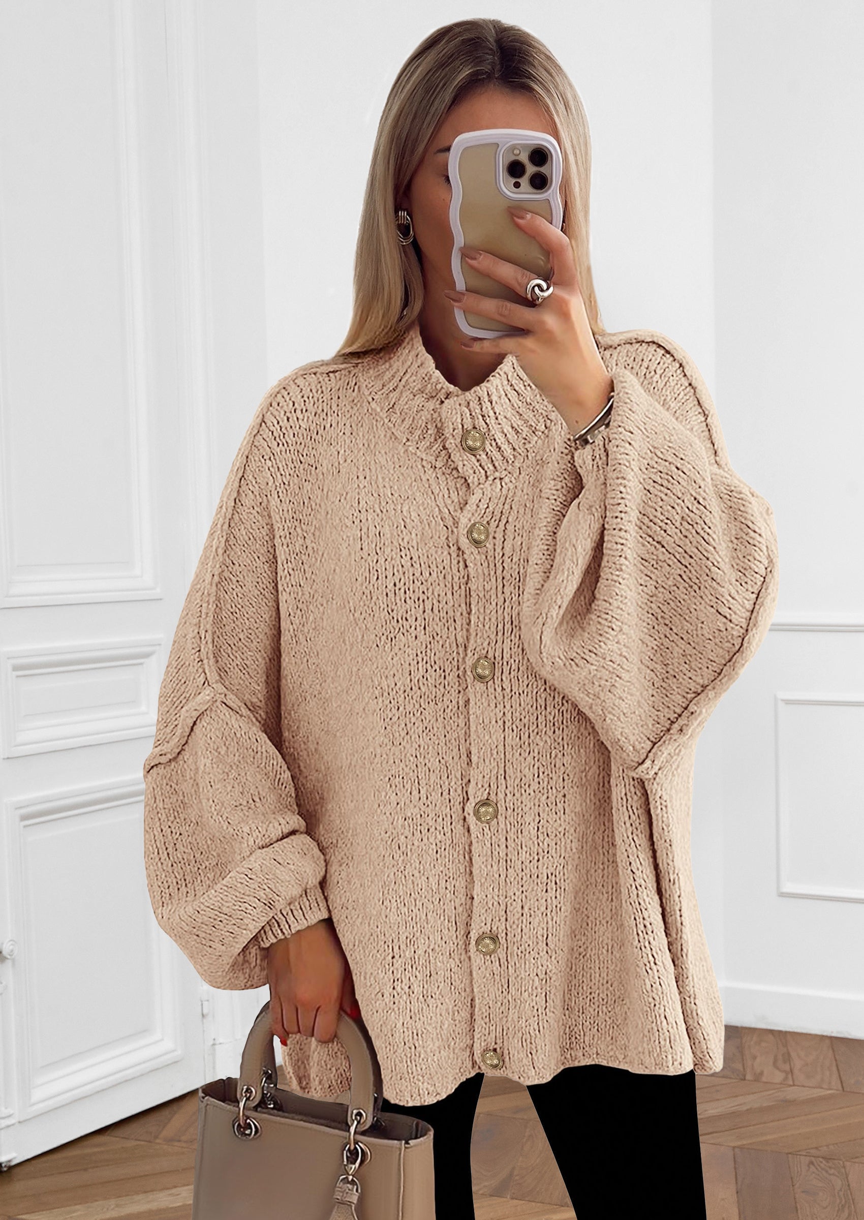 PRETTYGARDEN Women's Winter Button Down Cardigan Sweaters Mock Neck Lantern Long Sleeve Chunky Knit Jacket Trendy Outerwear