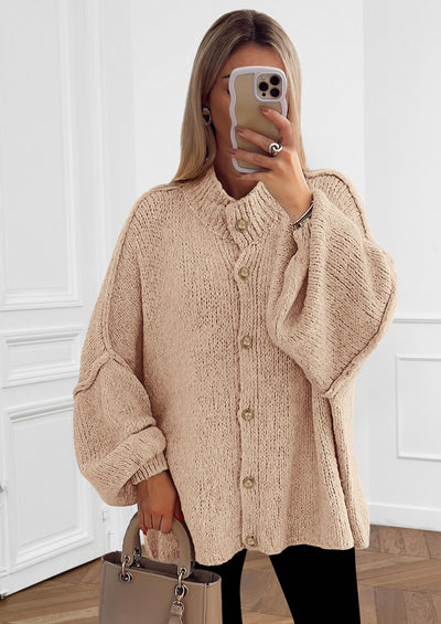 PRETTYGARDEN Women's Winter Button Down Cardigan Sweaters Mock Neck Lantern Long Sleeve Chunky Knit Jacket Trendy Outerwear