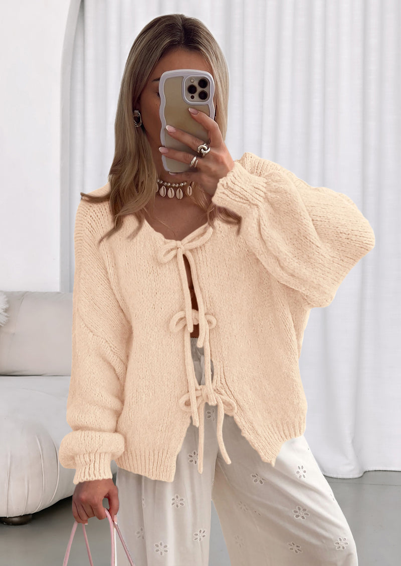 PRETTYGARDEN Women's Tie Front Bow Cardigan Sweaters Chunky Knit Long Puff Sleeve Trendy Fall Winter Jacket Coats