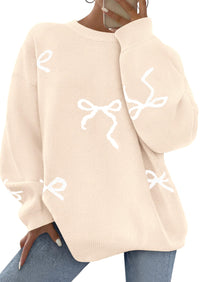 PRETTYGARDEN Fall Long Sleeve Pullover Sweaters for Women Trendy Crewneck Casual Cute Bow Chunky Knit Oversized Sweater