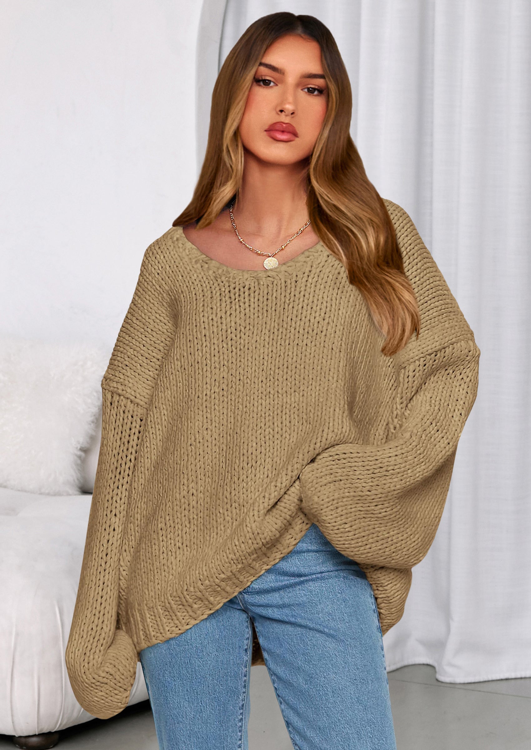 PRETTYGARDEN Women's Fall Oversized Sweaters Long Sleeve V Neck Dressy Casual Chunky Knit Loose Pullover Tops Winter Clothing
