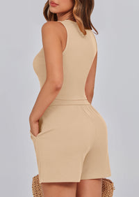Solid Color Casual Sleeveless Two Piece Sets