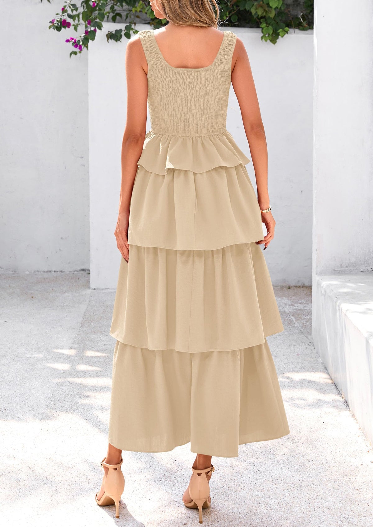 Sleeveless Scoop Neck Smocked A Line Tiered Beach Midi Dress