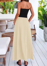Strapless Patchwork Long Flowy Elegant Tube Top Maxi Dresses with Pockets