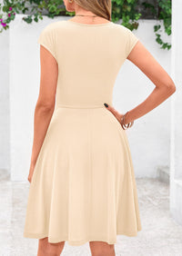 Crew neck Cap Sleeve Ribbed Knit Casual Flowy A Line Mini Dress with Pockets