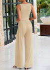 PRETTYGARDEN Two Piece Sets Ribbed Knit Crew Neck Sleeveless Tank Tops Wide Leg Pants Casual Lounge Set