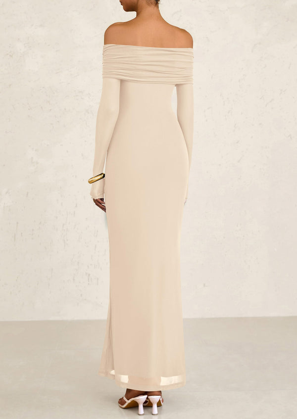 Off The Shoulder Bodycon Long Sleeve Mesh Maxi Dress