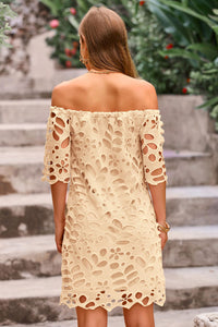 Off Shoulder Vintage Floral Lace Flare Short Sleeve Loose Elegant Mini Dress