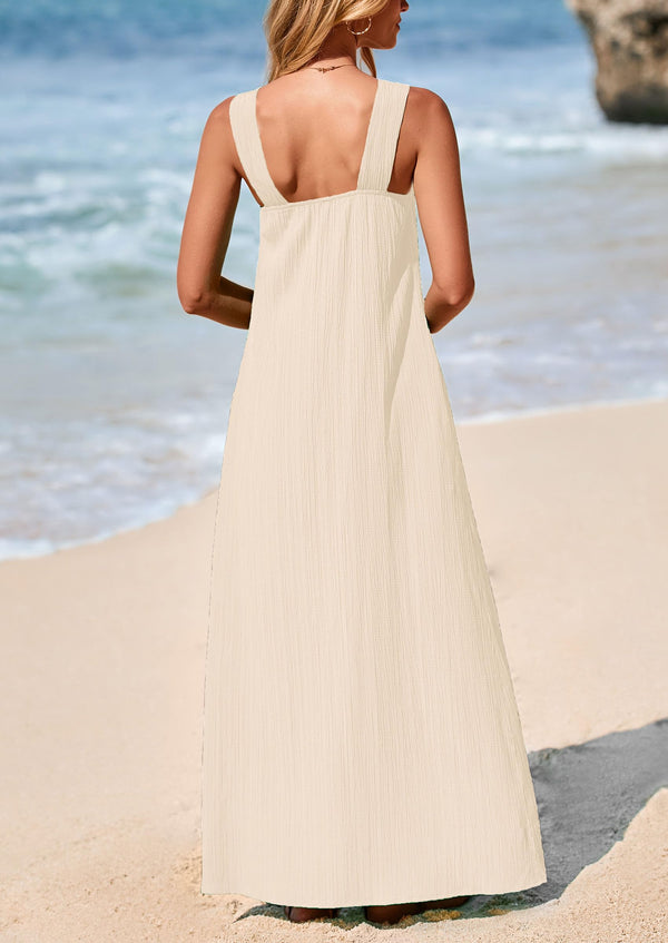Casual Sleeveless Strappy Loose Flowy Beach Maxi Dress with Pockets