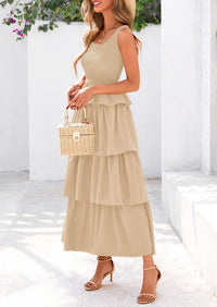 Sleeveless Scoop Neck Smocked A Line Tiered Beach Midi Dress