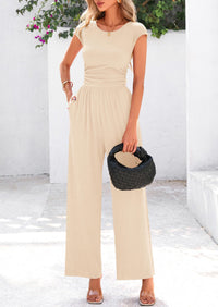 Dressy Ribbed Cap Sleeve Wide Leg Pants Elegant Casual Jumpsuits
