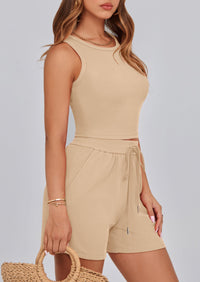 Solid Color Casual Sleeveless Two Piece Sets