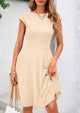 Crew neck Cap Sleeve Ribbed Knit Casual Flowy A Line Mini Dress with Pockets