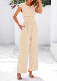 Dressy Ribbed Cap Sleeve Wide Leg Pants Elegant Casual Jumpsuits
