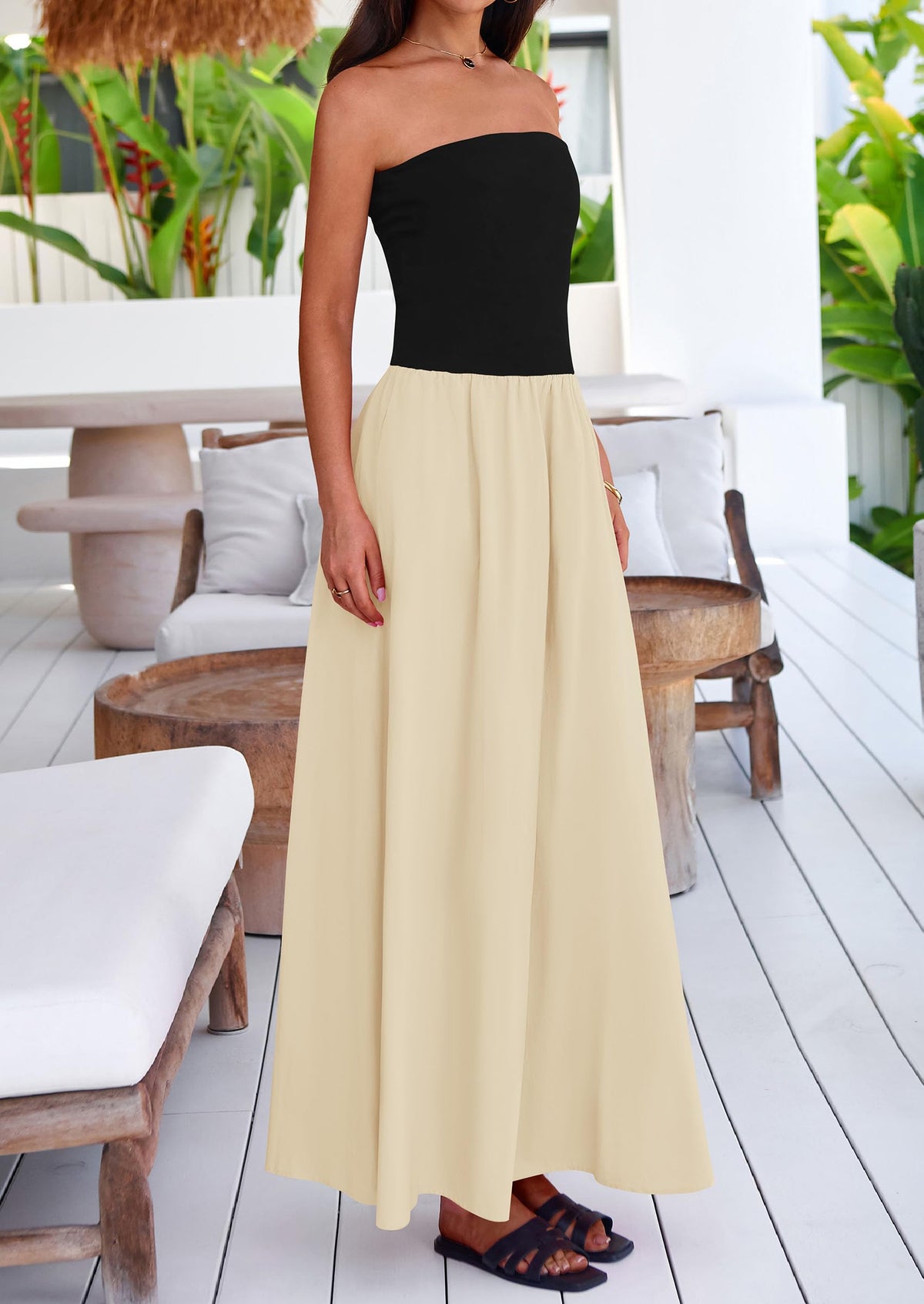 Strapless Patchwork Long Flowy Elegant Tube Top Maxi Dresses with Pockets