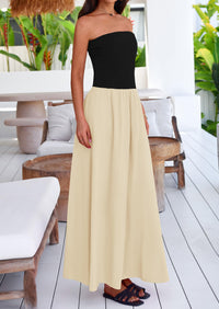 Strapless Patchwork Long Flowy Elegant Tube Top Maxi Dresses with Pockets