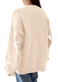 PRETTYGARDEN Fall Long Sleeve Pullover Sweaters for Women Trendy Crewneck Casual Cute Bow Chunky Knit Oversized Sweater