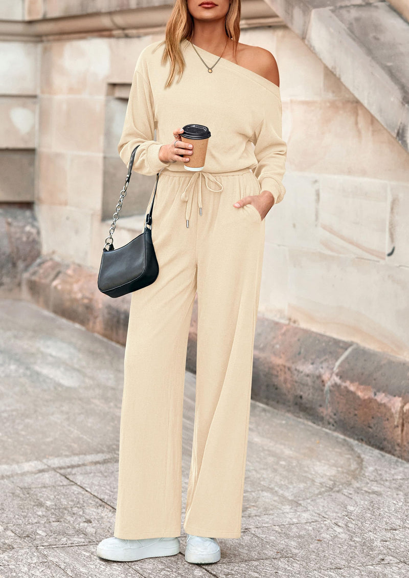 PRETTYGARDEN Long Sleeve Jumpsuit For Women Dressy Off Shoulder One Piece Loose Wide Leg Jumpsuits Casual Flowy Romper