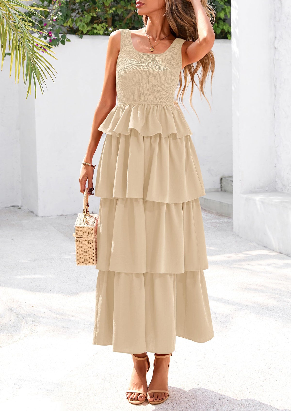Sleeveless Scoop Neck Smocked A Line Tiered Beach Midi Dress