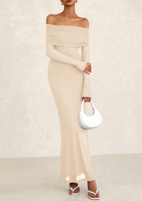 Off The Shoulder Bodycon Long Sleeve Mesh Maxi Dress