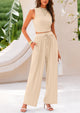 Ribbed Knit Sleeveless Crop Tank Tops Wide Leg Casual Pants Two Piece Sets