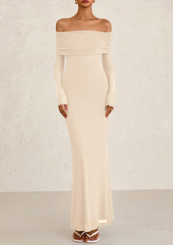 Off The Shoulder Bodycon Long Sleeve Mesh Maxi Dress