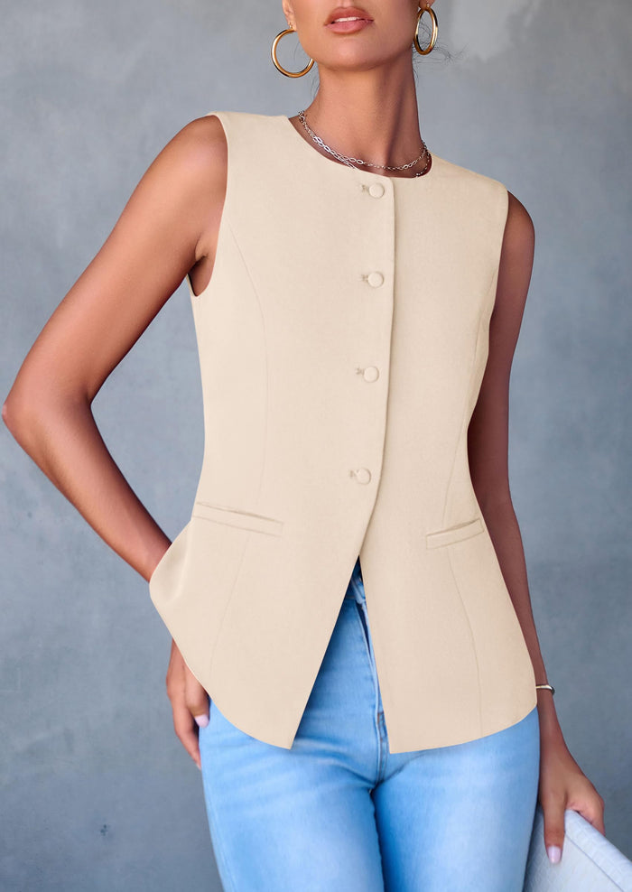 Dressy Business Casual Sleeveless Button Down Blazer Waistcoat