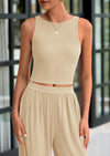 PRETTYGARDEN Two Piece Sets Ribbed Knit Crew Neck Sleeveless Tank Tops Wide Leg Pants Casual Lounge Set