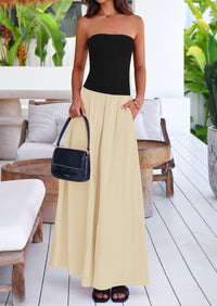 Strapless Patchwork Long Flowy Elegant Tube Top Maxi Dresses with Pockets