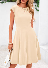 Crew neck Cap Sleeve Ribbed Knit Casual Flowy A Line Mini Dress with Pockets
