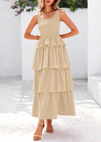 Sleeveless Scoop Neck Smocked A Line Tiered Beach Midi Dress