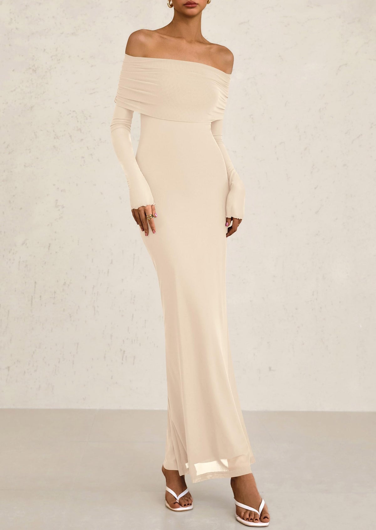 Off The Shoulder Bodycon Long Sleeve Mesh Maxi Dress