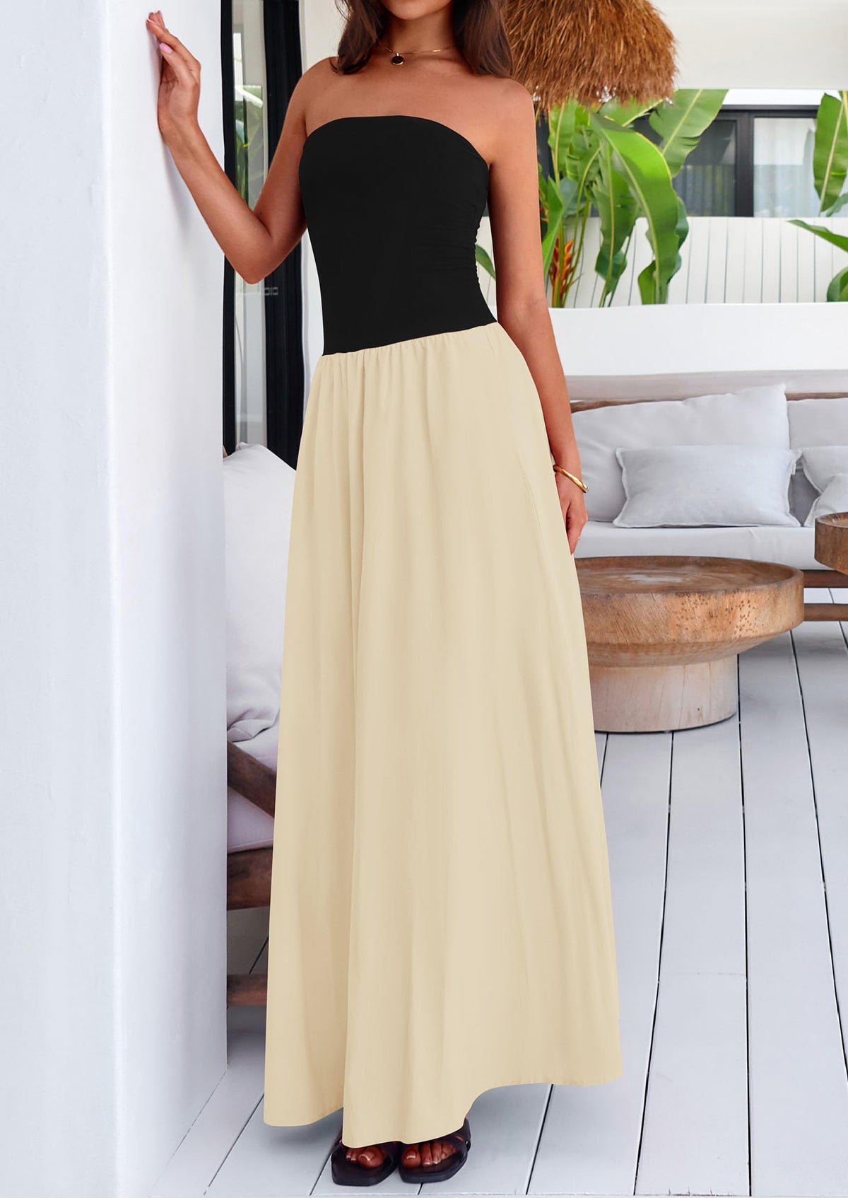 Strapless Patchwork Long Flowy Elegant Tube Top Maxi Dresses with Pockets