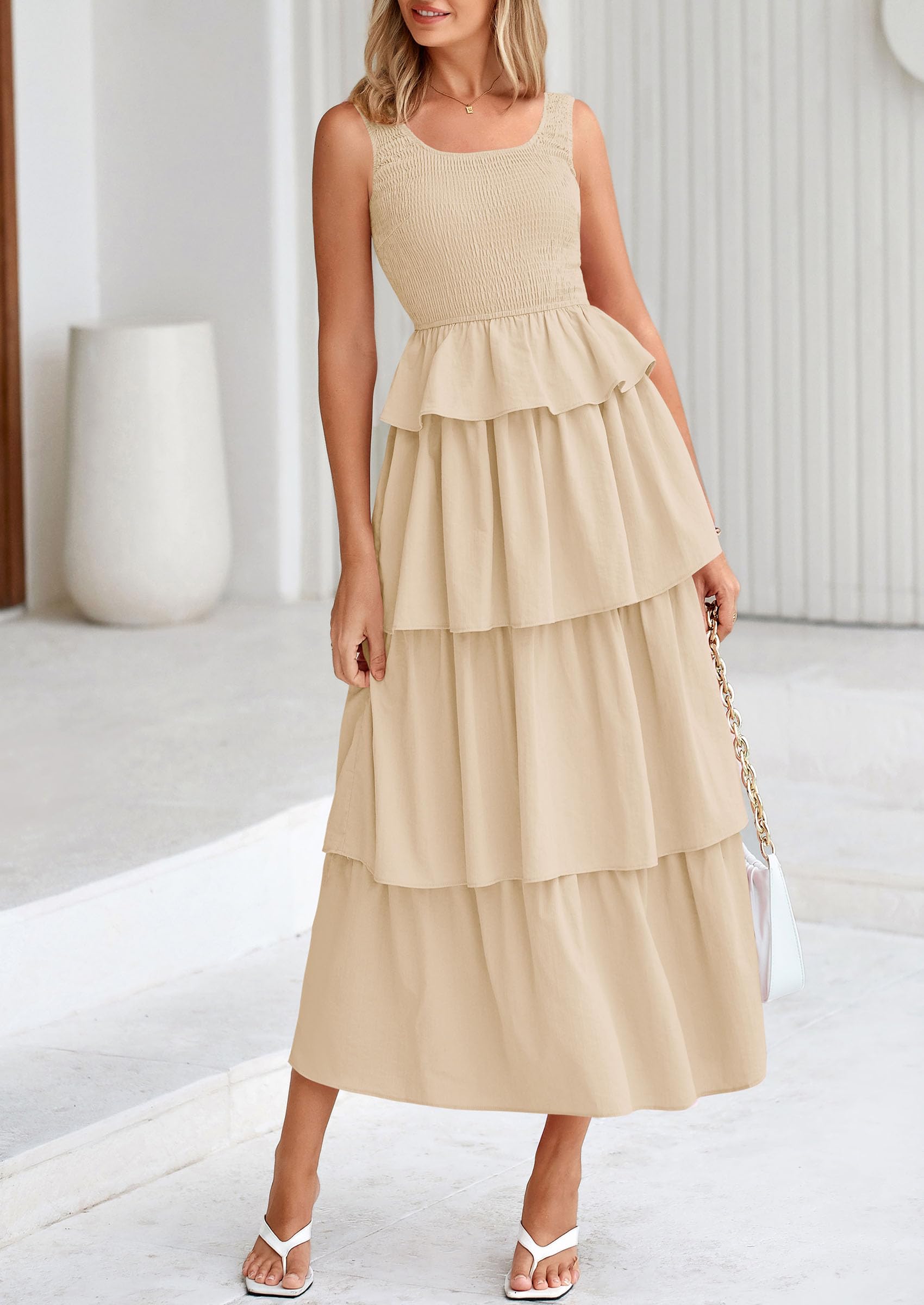 PRETTYGARDEN Womens Summer Sleeveless Midi Dress Scoop Neck A Line Smocked Ruffle Tiered Layered Beach Vacation Dresses