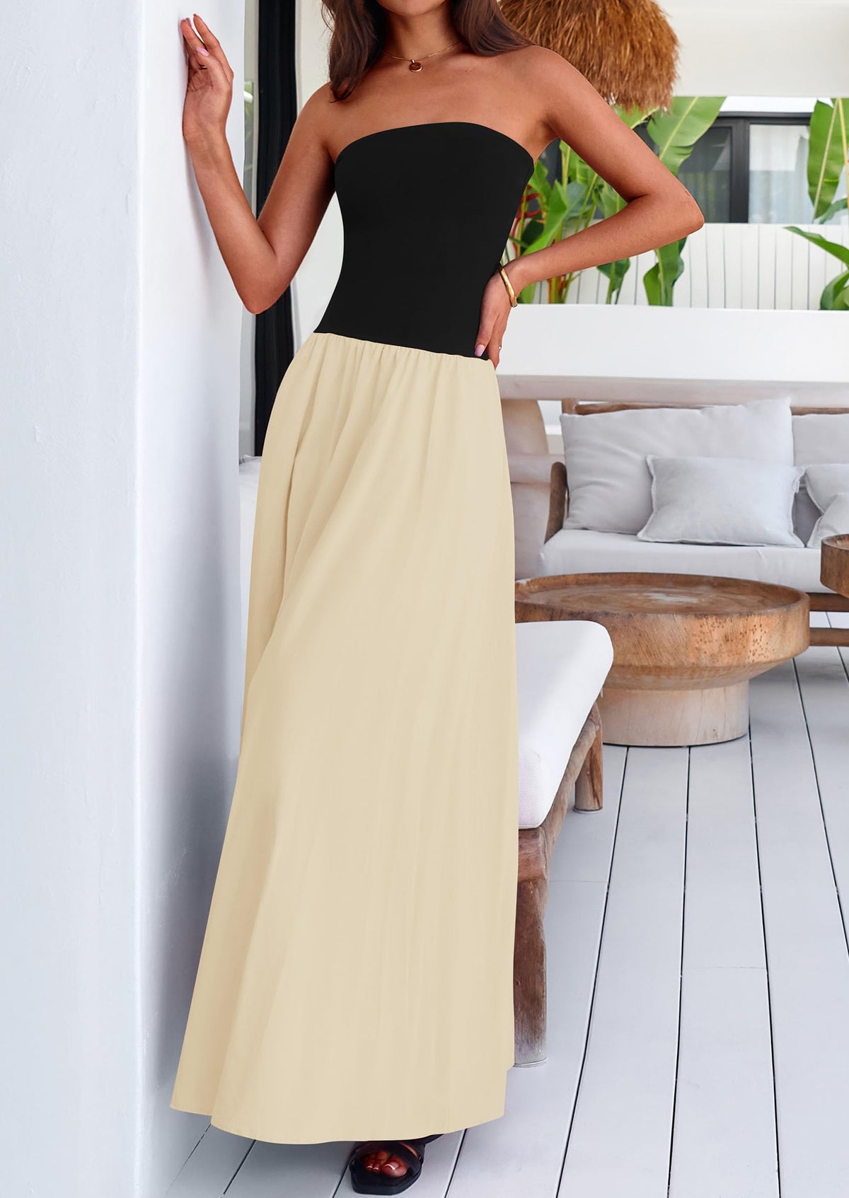Strapless Patchwork Long Flowy Elegant Tube Top Maxi Dresses with Pockets