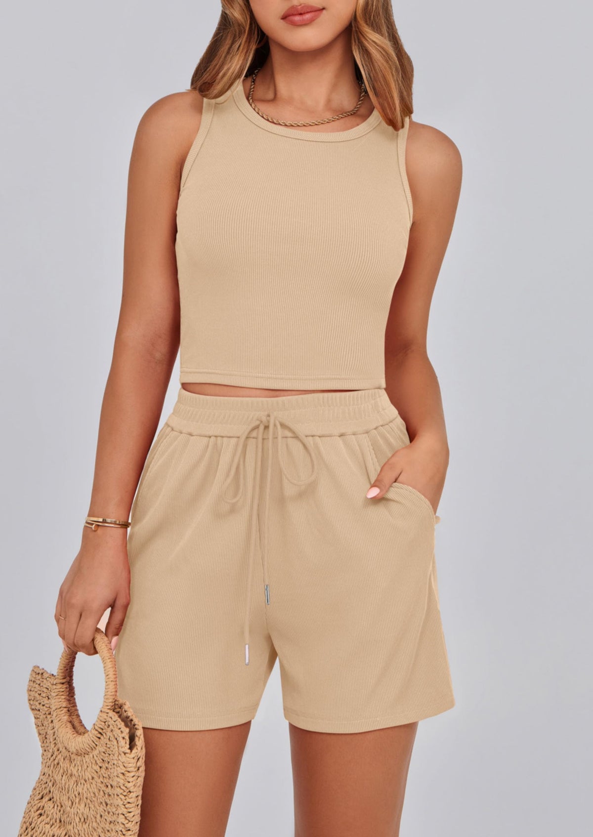Solid Color Casual Sleeveless Two Piece Sets