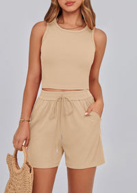 Solid Color Casual Sleeveless Two Piece Sets