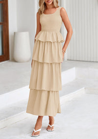 PRETTYGARDEN Womens Summer Sleeveless Midi Dress Scoop Neck A Line Smocked Ruffle Tiered Layered Beach Vacation Dresses