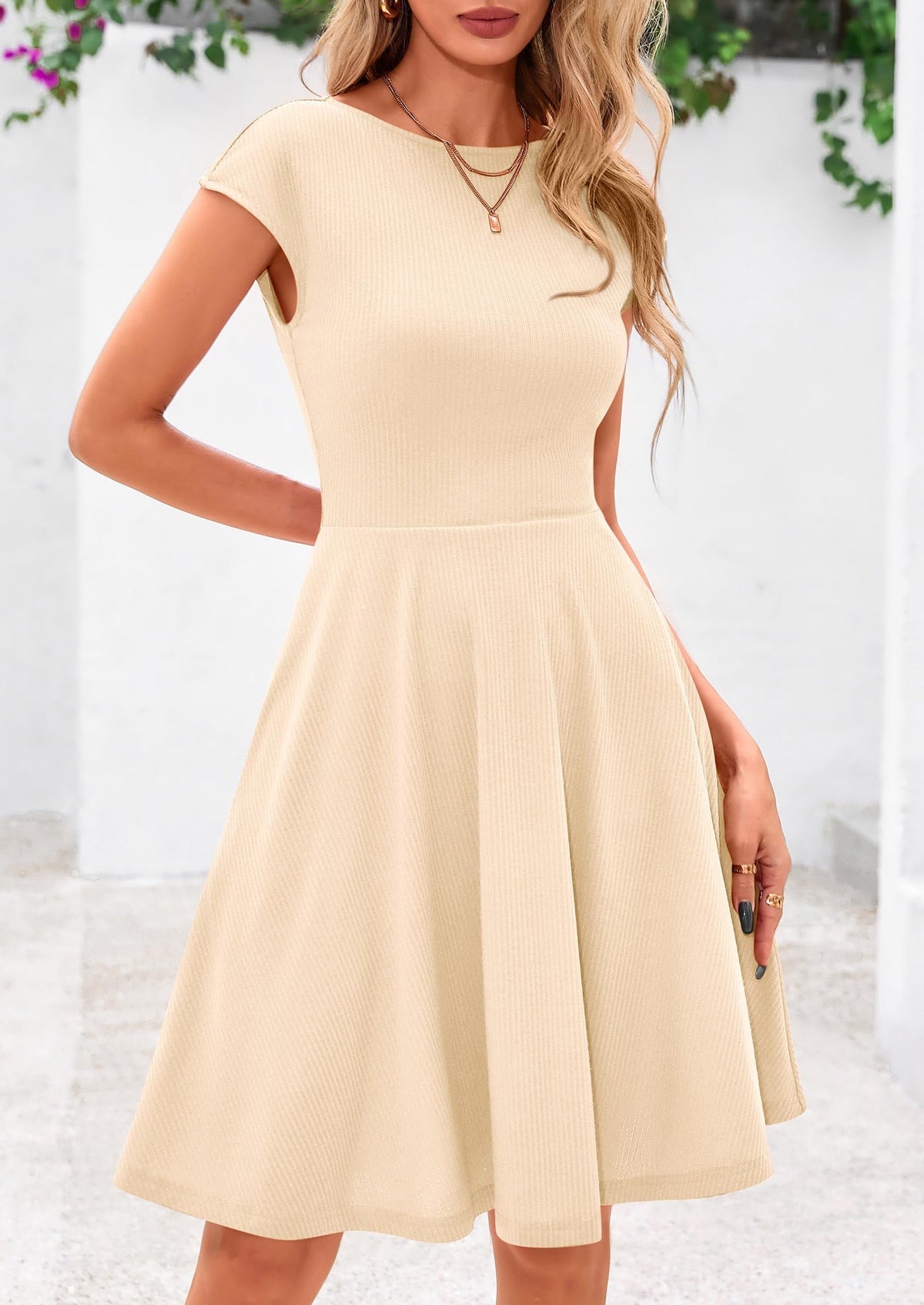 Crew neck Cap Sleeve Ribbed Knit Casual Flowy A Line Mini Dress with Pockets