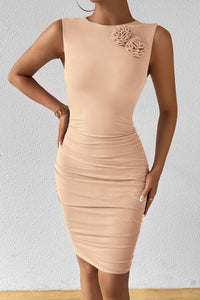 Sleeveless Bodycon Ruched Mesh 3D Flower Elegant Cocktail Party Mini Dresses