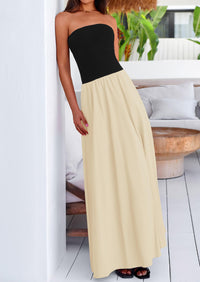 Strapless Patchwork Long Flowy Elegant Tube Top Maxi Dresses with Pockets