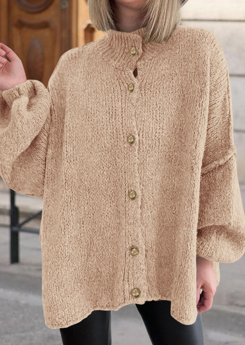 PRETTYGARDEN Women's Winter Button Down Cardigan Sweaters Mock Neck Lantern Long Sleeve Chunky Knit Jacket Trendy Outerwear