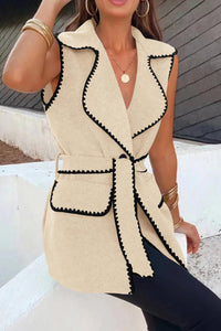 Tweed Sleeveless Lapel Button Front Belt Color Block Vest Jackets