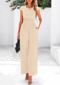 Dressy Ribbed Cap Sleeve Wide Leg Pants Elegant Casual Jumpsuits