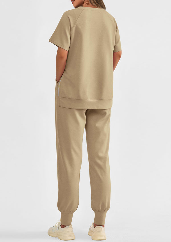 Casual Short Sleeve Tops High Waisted Sweatpants Two Piece Sets