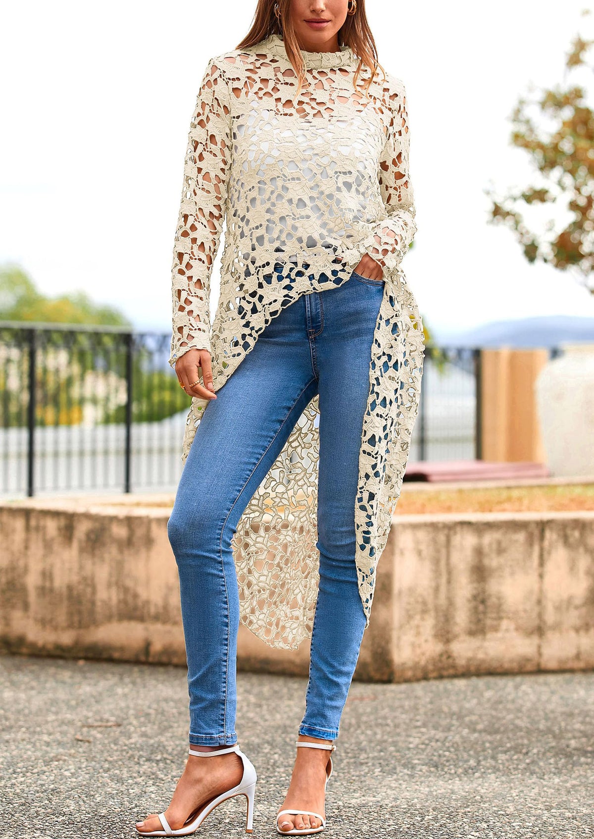 Long Sleeve Round Neck High Low Asymmetrical Irregular Hem Casual Blouse