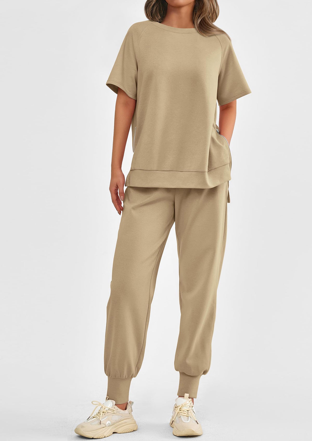 Casual Short Sleeve Tops High Waisted Sweatpants Two Piece Sets