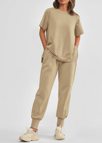 Casual Short Sleeve Tops High Waisted Sweatpants Two Piece Sets